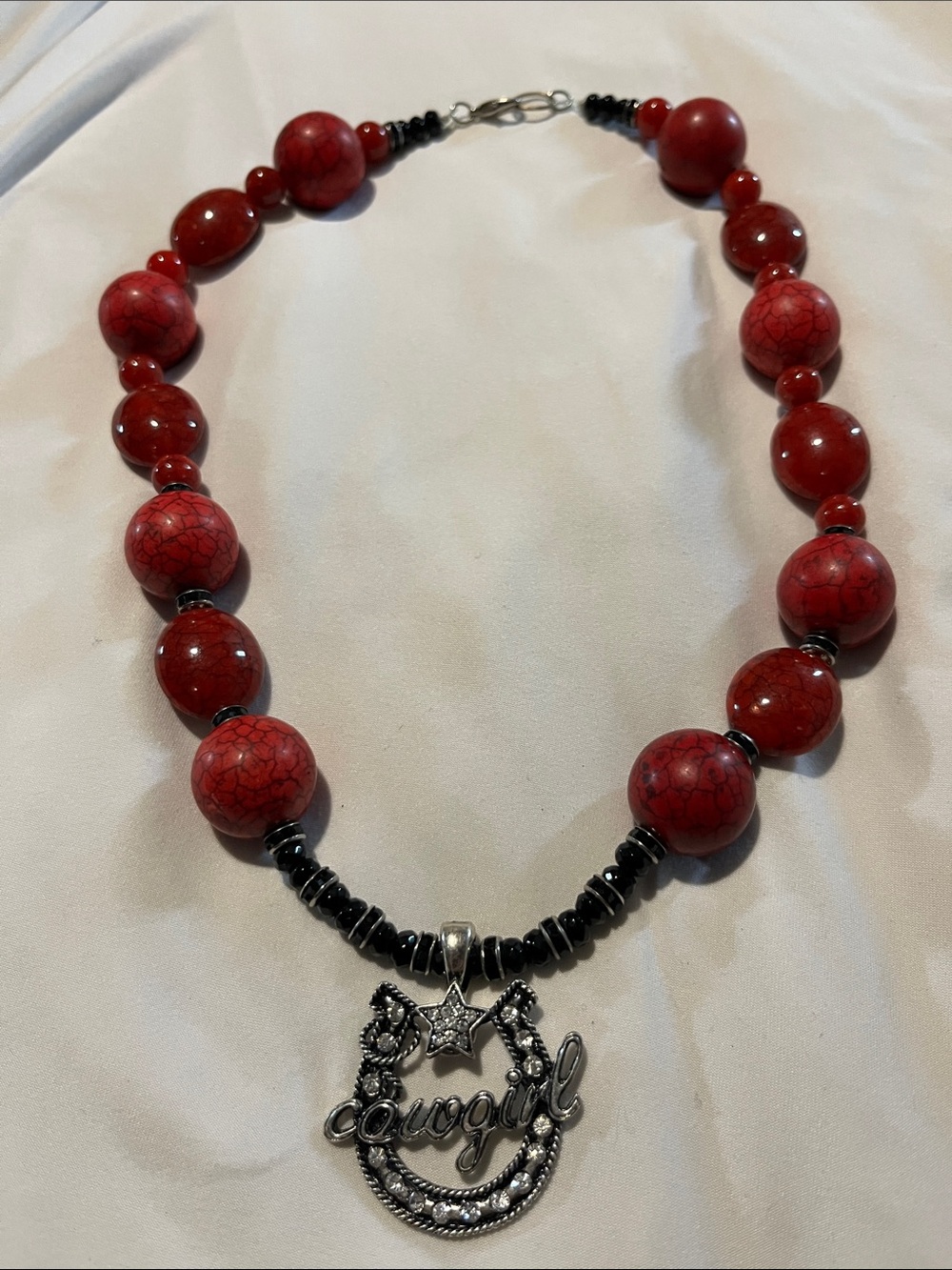Women's Red Beaded Necklace with 'Cowgirl' Pendant